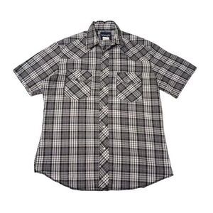 Wrangler Men's Medium Western Shirt‎ Gray Plaid Pearl Snap Short Sleeve